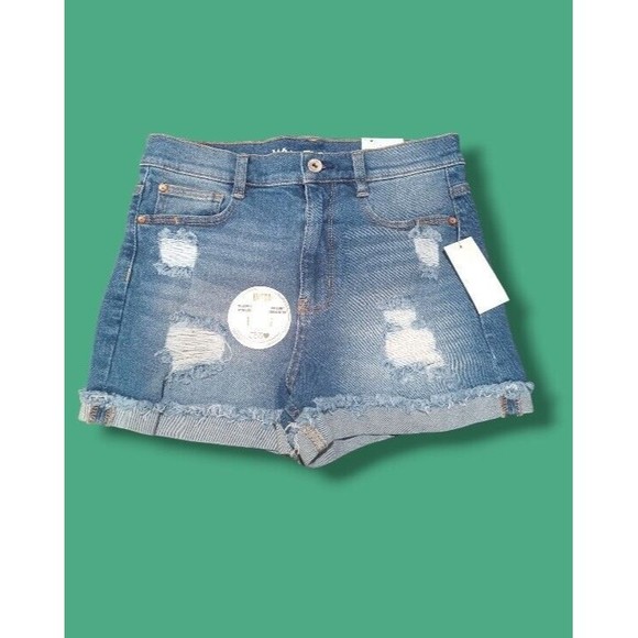 WallFlower 7/28 Distressed Fray Cuff High Rise Blue Jean Denim Shorty Shorts NEW - Picture 1 of 16